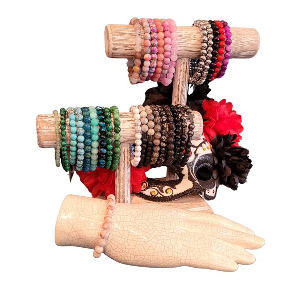 8mm Natural Stone Round Bead Agate & Quartz Mixed Stone Beaded Stretch Bracelet - Picture 4 of 5